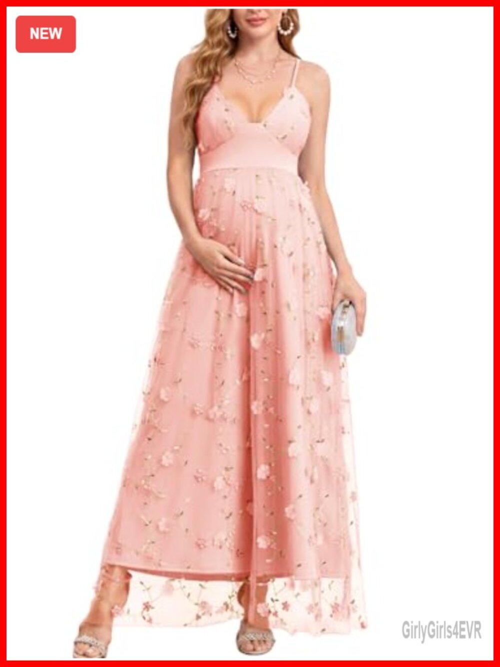 Maternity Maxi Dress 3D Floral Tulle V-Neck A-Line Pregnancy Gown